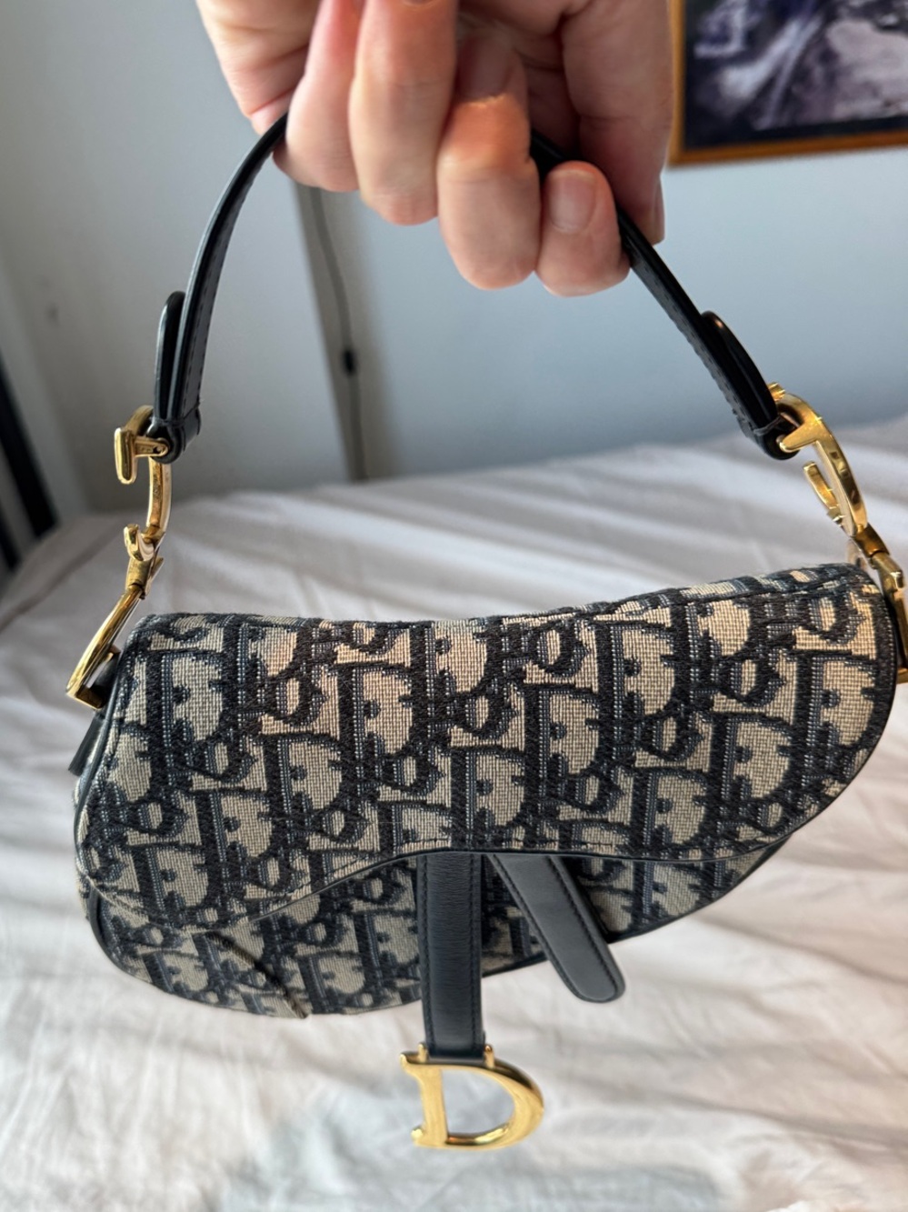 Dior Oblique Navy and Beige Saddle Shoulder Bag with Gold Hardware - Picture 13 of 13